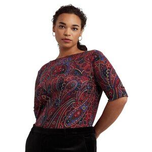 Lauren Ralph Lauren Plus-Size Checked Paisley Cotton Boatneck Tee - Size 3XL